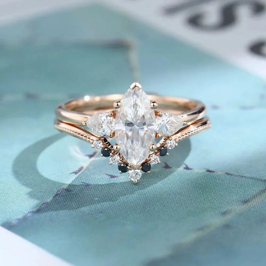 Silver or Gold Black Diamond Ring Pear Shaped Moissanite Wedding Ring