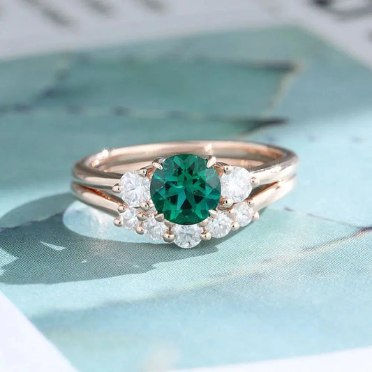 Rose Gold Emerald Three Stone Moissanite Bridal Set