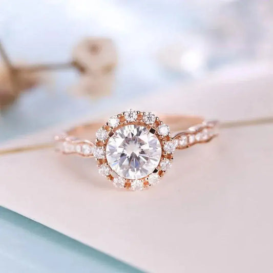 14k Rose Gold Halo Ring | Moissanite Engagement Ring 1ct