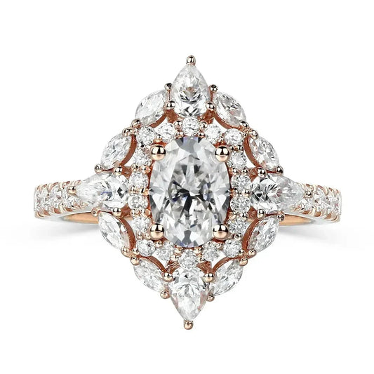 Rose Gold Oval Cut Double Halo Moissanite Engagement Ring 1.25ct