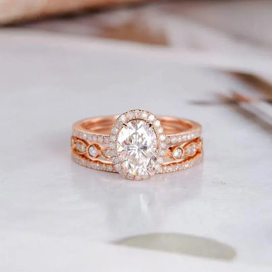Rose Gold Halo Moissanite Oval Cut Engagement Rings 1.5ct