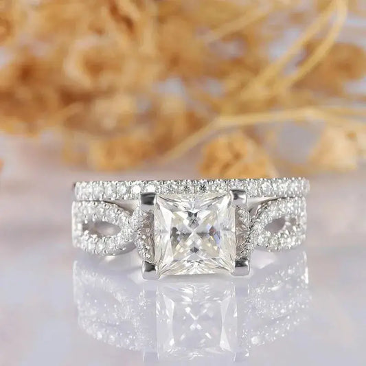 Silver or Gold Princess Cut Moissanite Twist Engagement Ring Set 1ct