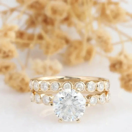 Silver or Gold Wedding Bridal Set With Bezel Set Side Stone 2ct