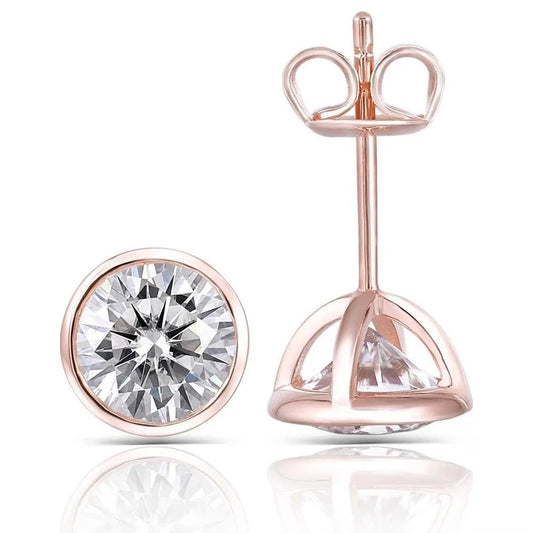 14k Rose Gold Bezel Moissanite Stud Cute Western Earrings 2ctw