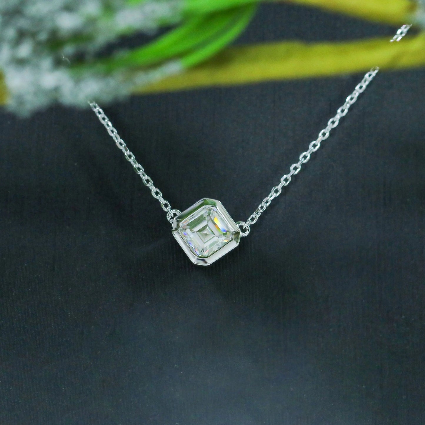 14k White Gold Asscher Cut / Asscher Necklace Moissanite 1ct