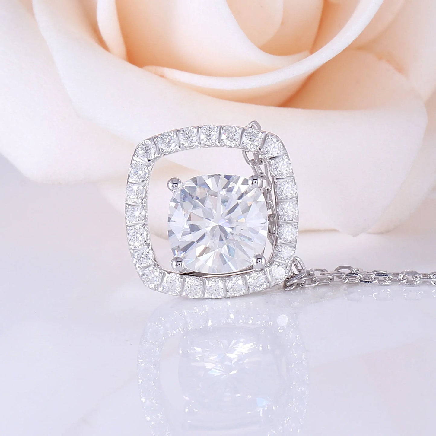 White Gold 14k Chain / Moissanite Necklace / Pendant 2ct Center Stone