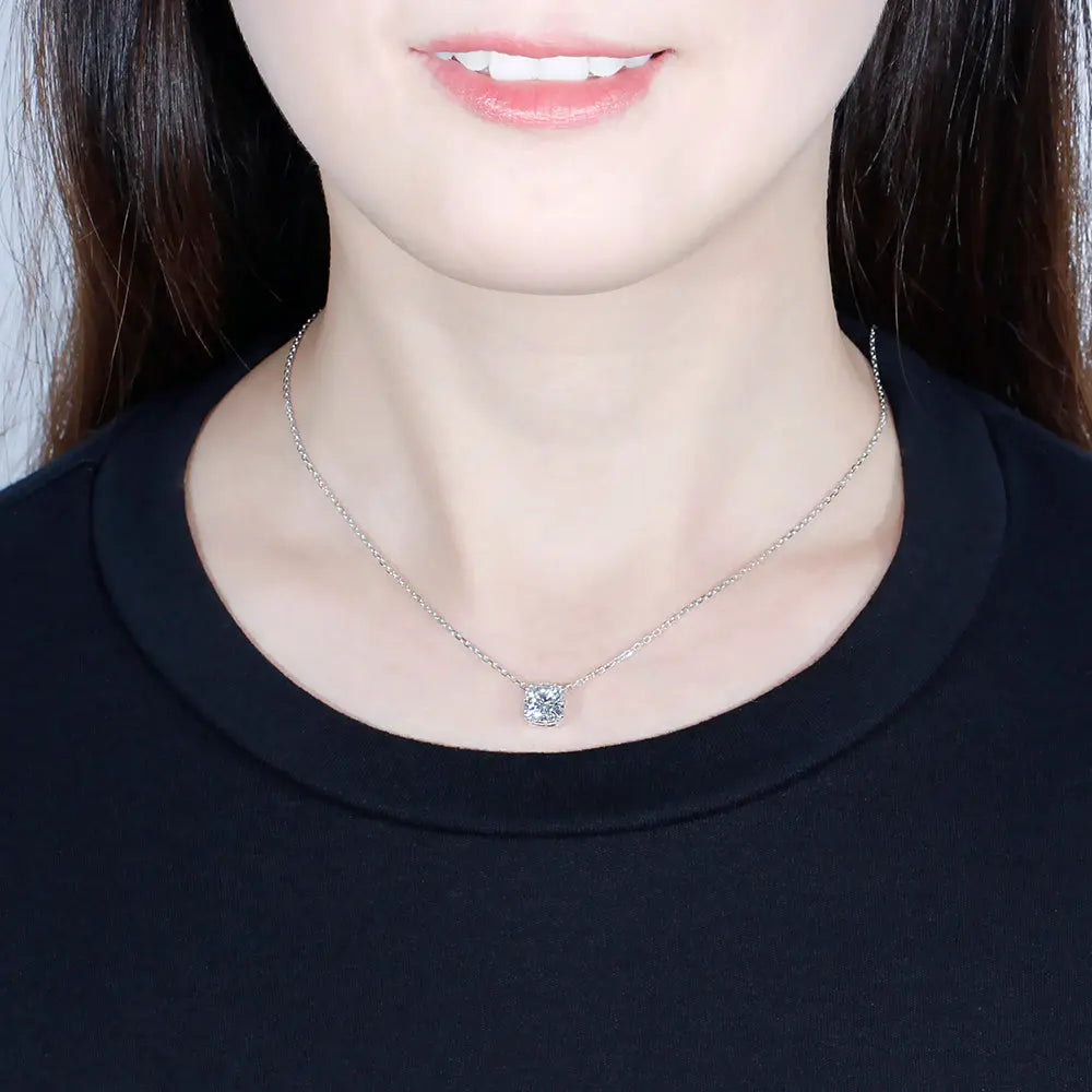 14k White Gold Moissanite Cool Necklace Cushion Cut 1ct & 2ct Options