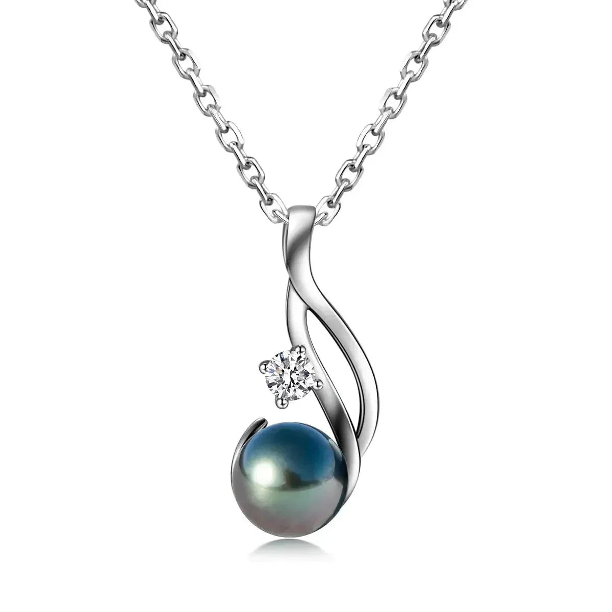 18K WHITE GOLD PLATED SILVER 9-10MM TAHITIAN BLACK PEARL AND 0.3CT MOISSANITE PENDANT NECKLACE