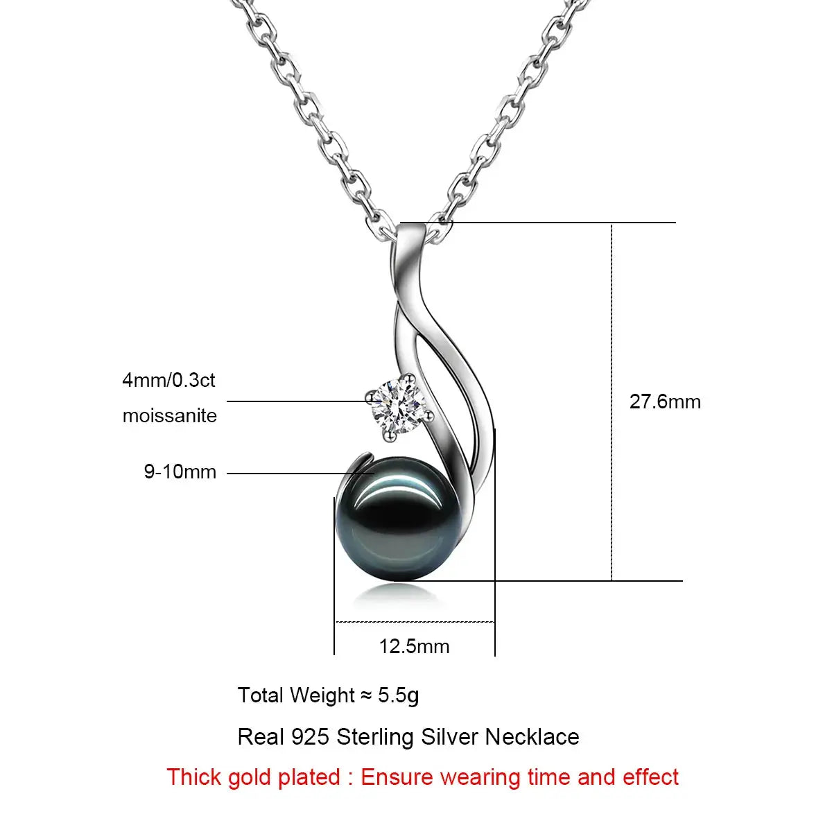 18K WHITE GOLD PLATED SILVER 9-10MM TAHITIAN BLACK PEARL AND 0.3CT MOISSANITE PENDANT NECKLACE
