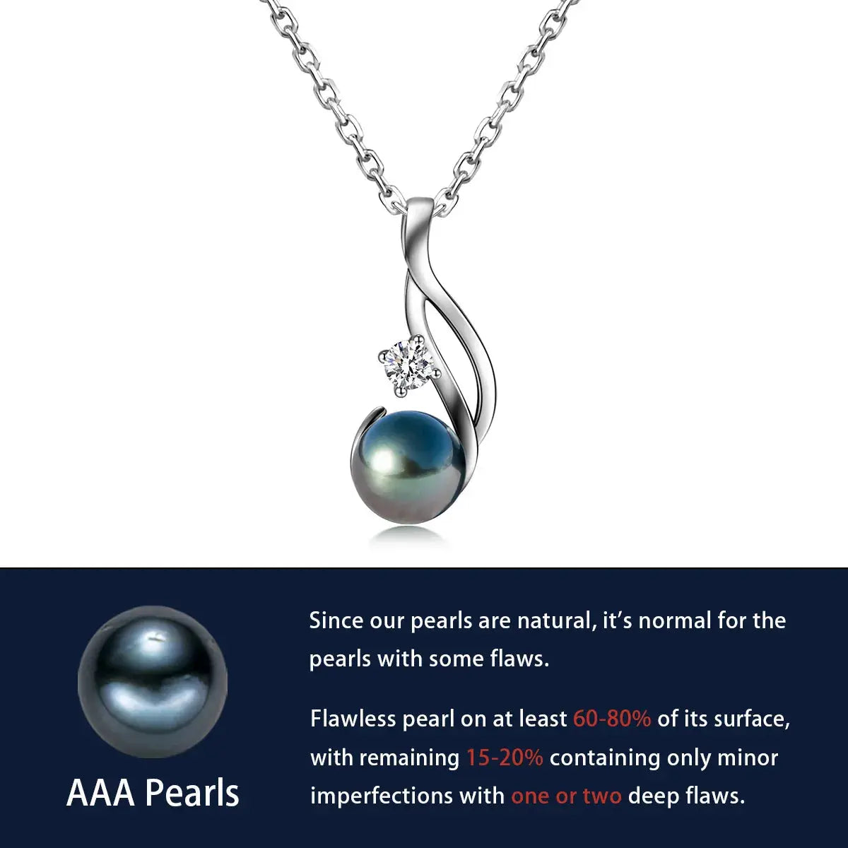 18K WHITE GOLD PLATED SILVER 9-10MM TAHITIAN BLACK PEARL AND 0.3CT MOISSANITE PENDANT NECKLACE