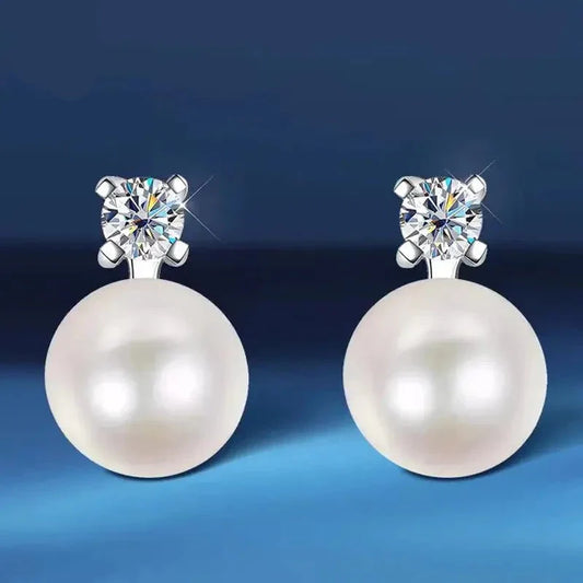 18K WHITE GOLD PLATED SILVER MOISSANITE STUD 0.6 CTW AND PEARL DROP EARRINGS