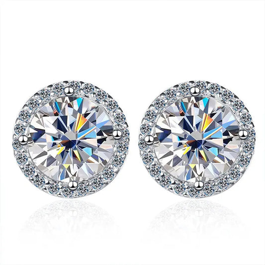 18k White Gold Plated Silver Halo Moissanite Stud Earrings 2CTW