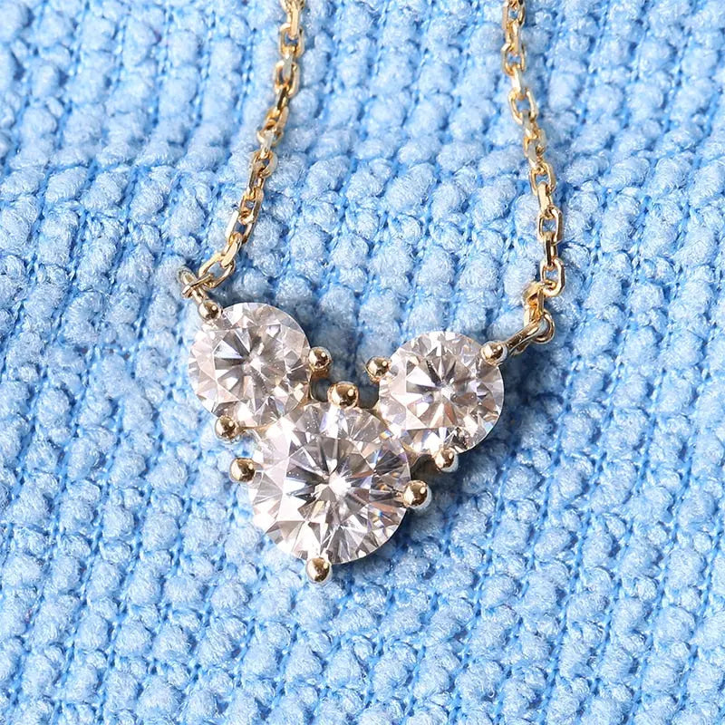 18k Yellow Gold 3 Stone Moissanite Necklace for Women Long 2ct Total