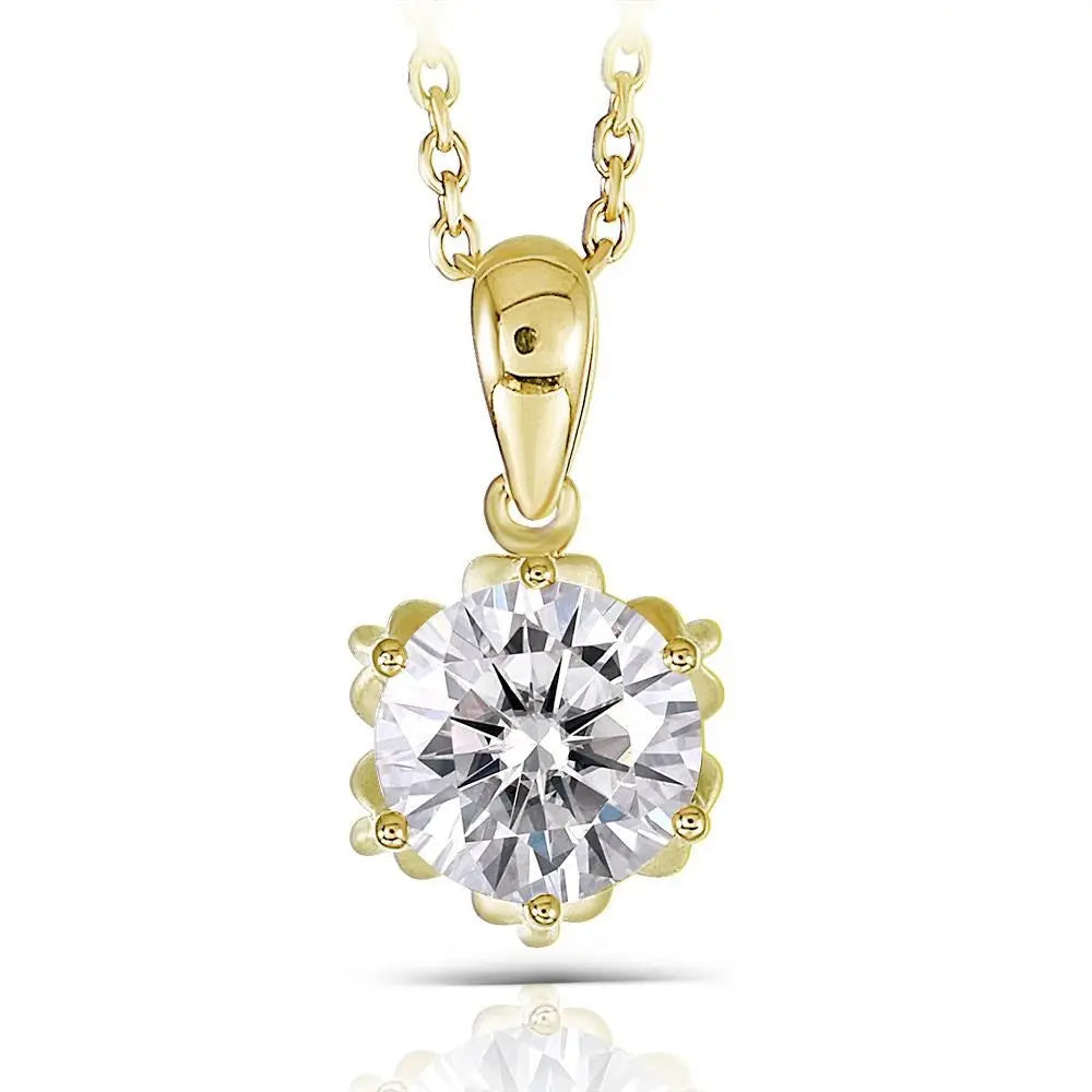 18k Yellow Gold Flower Pendant Necklace Moissanite 1ct