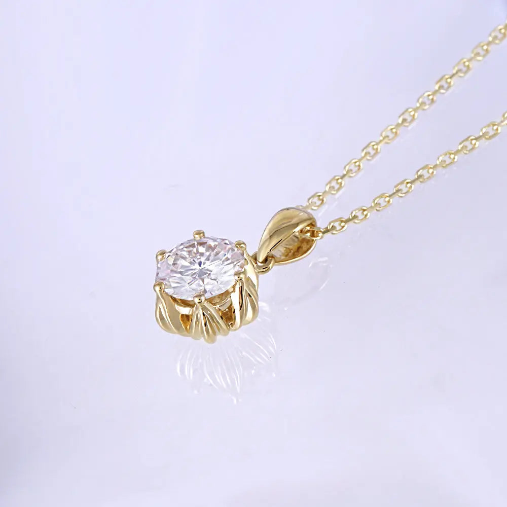 18k Yellow Gold Flower Pendant Necklace Moissanite 1ct