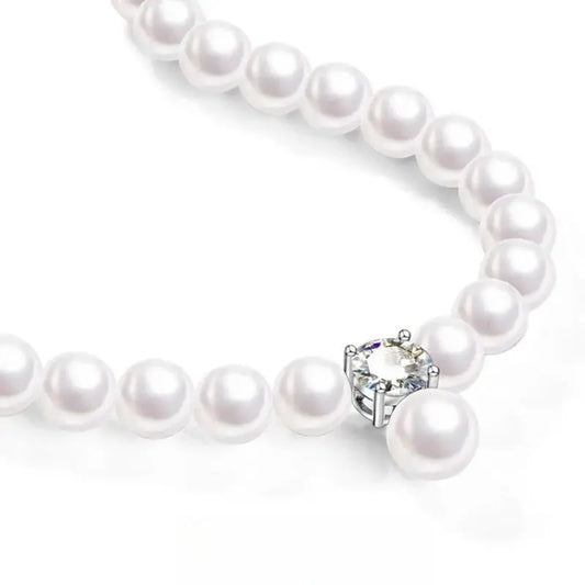 8MM WHITE SHELL PEARL STRAND NECKLACE WITH 2 CT MOISSANITE ACCENT SILVER CLASP