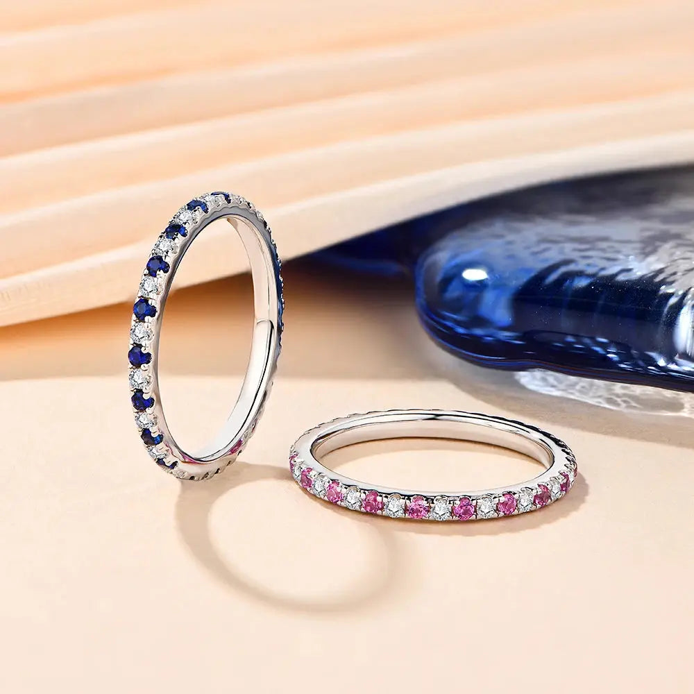 Gold or Silver 1.5mm Moissanite Eternity Ring with Pink Sapphire .5ctw