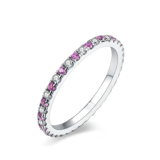 Gold or Silver 1.5mm Moissanite Eternity Ring with Pink Sapphire .5ctw