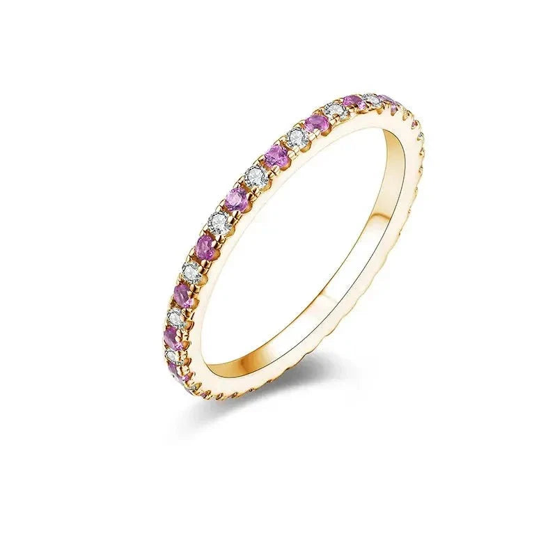 Gold or Silver 1.5mm Moissanite Eternity Ring with Pink Sapphire .5ctw