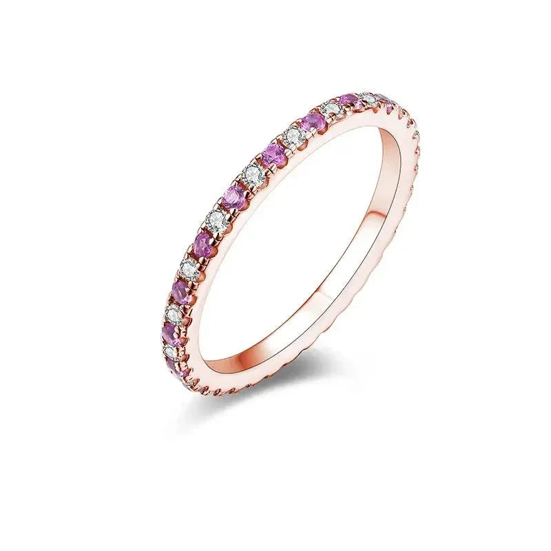 Gold or Silver 1.5mm Moissanite Eternity Ring with Pink Sapphire .5ctw
