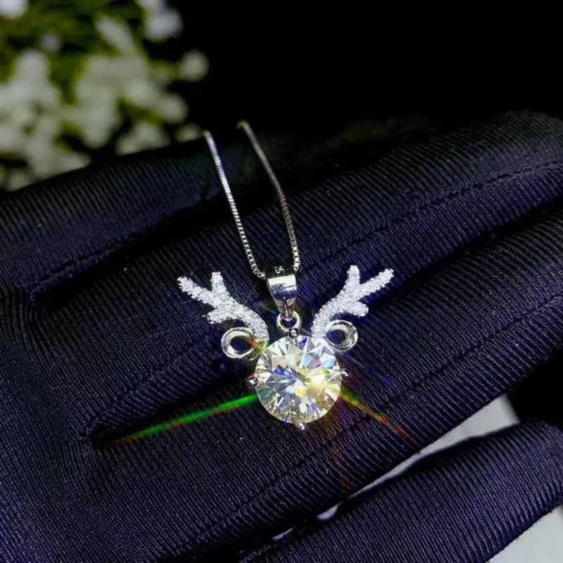 White Gold Plated Silver Deer Necklace Moissanite 1ct - 3ct Options