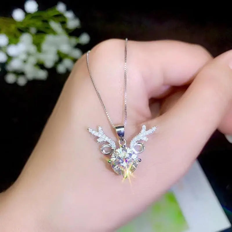 White Gold Plated Silver Deer Necklace Moissanite 1ct - 3ct Options