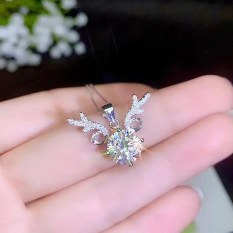 White Gold Plated Silver Deer Necklace Moissanite 1ct - 3ct Options