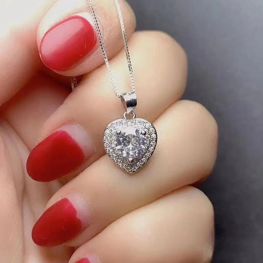 Platinum Plated Silver Halo Heart Necklace Moissanite 1ct Center Stone