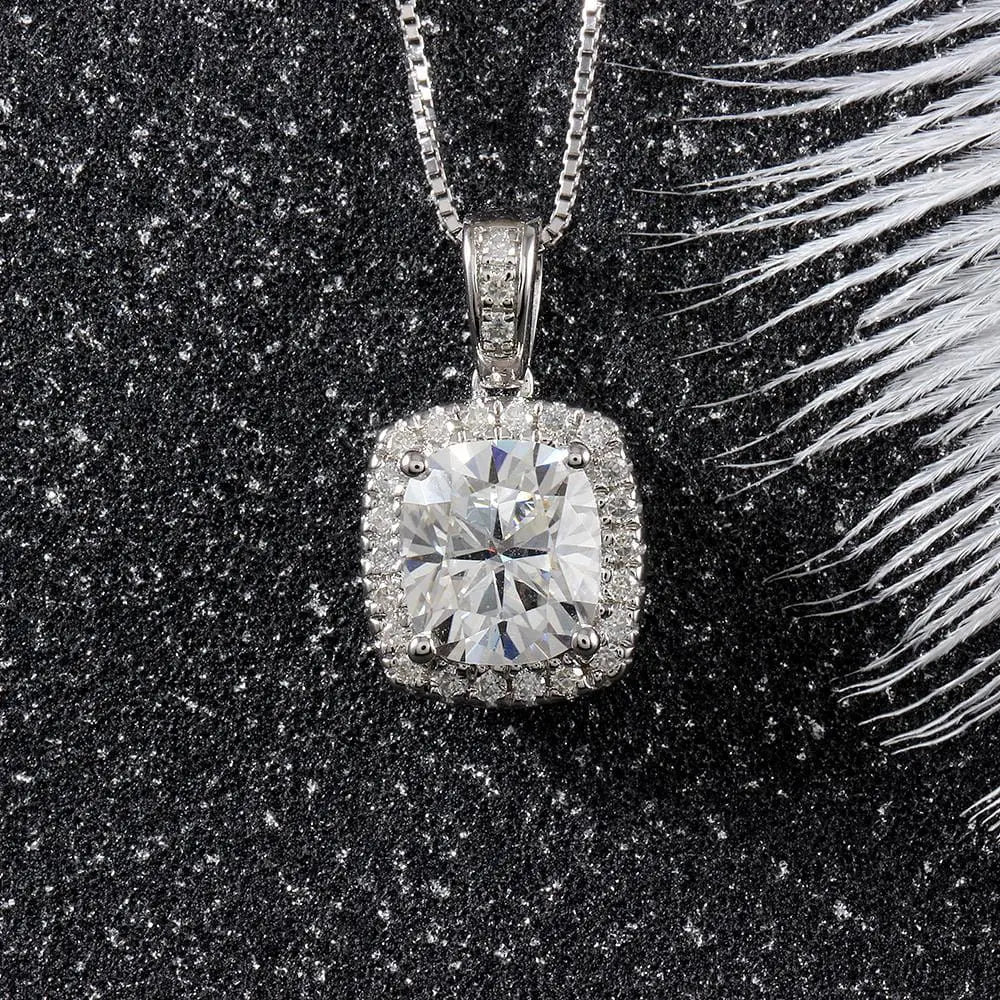 Platinum Plated Silver Halo Moissanite Pretty Woman Necklace 2.18ct Total