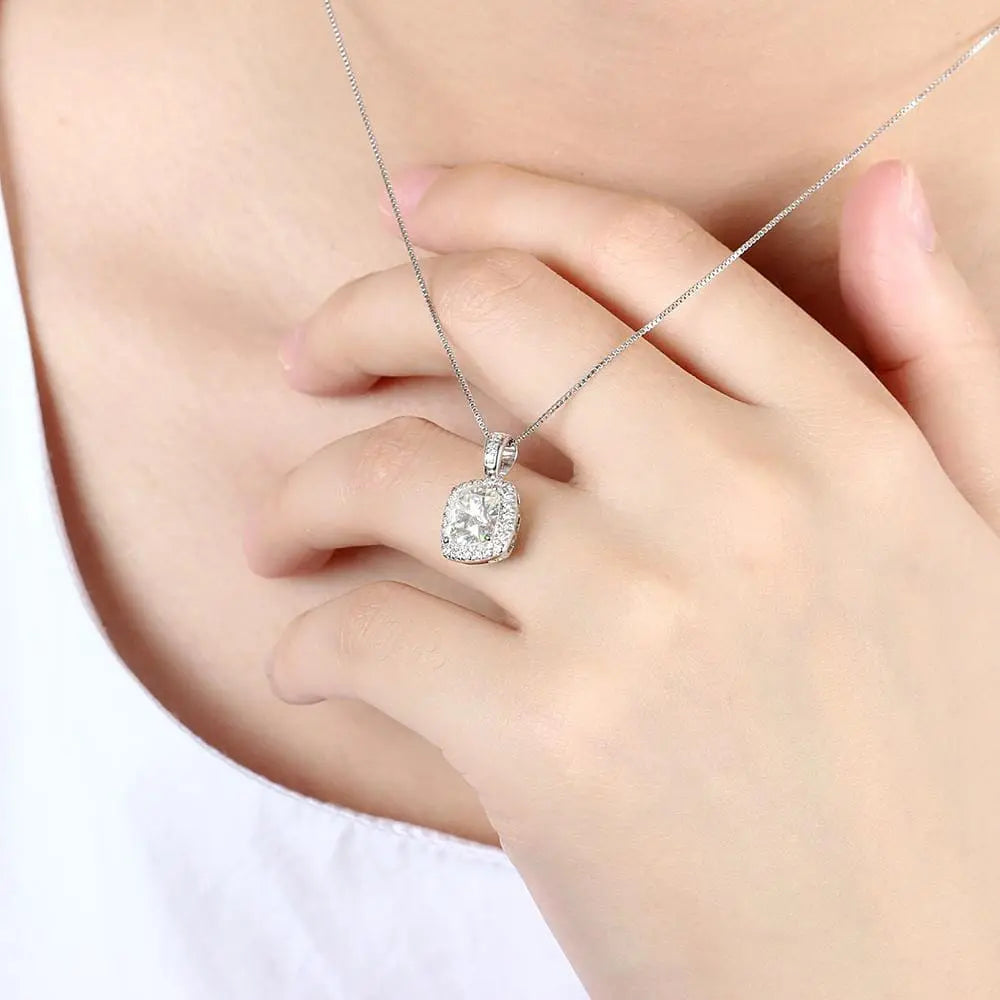 Platinum Plated Silver Halo Moissanite Pretty Woman Necklace 2.18ct Total