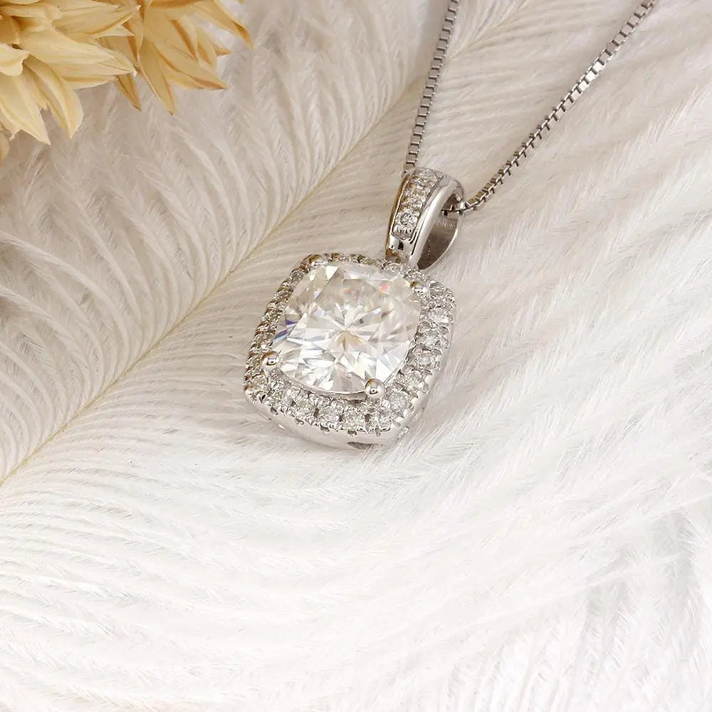 Platinum Plated Silver Halo Moissanite Pretty Woman Necklace 2.18ct Total