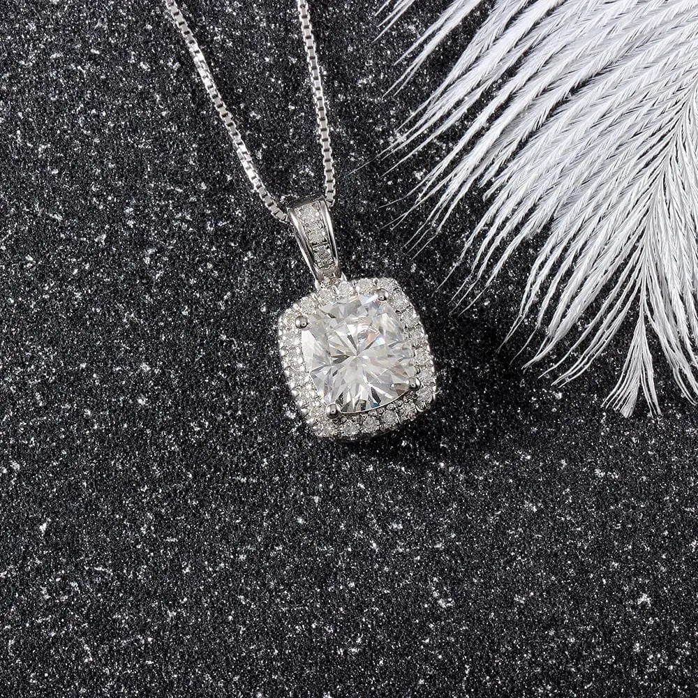 Platinum Plated Silver Halo Moissanite Pretty Woman Necklace 2.18ct Total