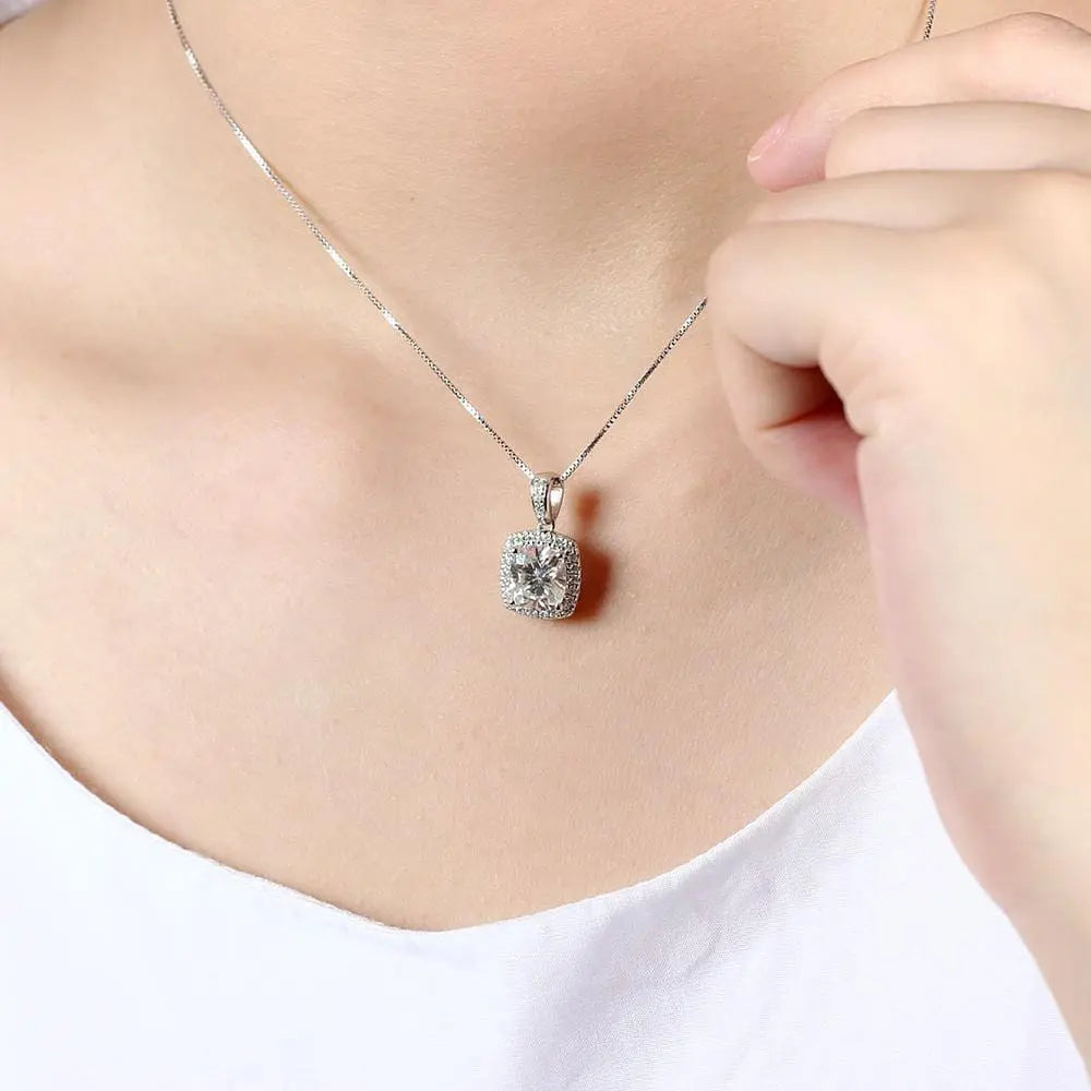 Platinum Plated Silver Halo Moissanite Pretty Woman Necklace 2.18ct Total