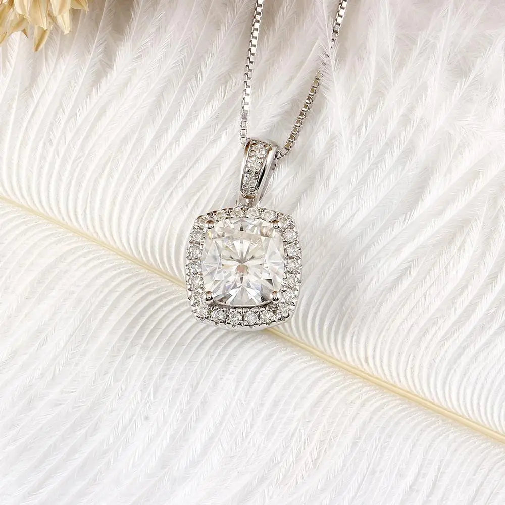 Platinum Plated Silver Halo Moissanite Pretty Woman Necklace 2.18ct Total