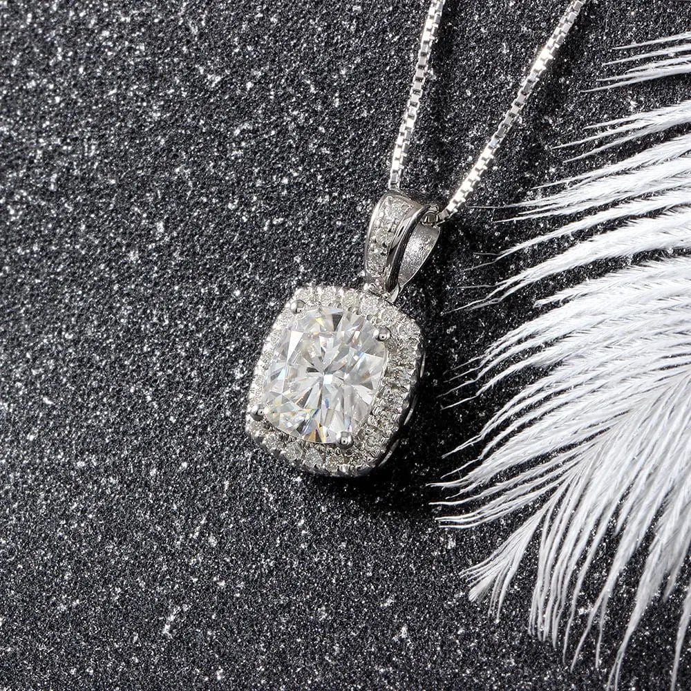 Platinum Plated Silver Halo Moissanite Pretty Woman Necklace 2.18ct Total