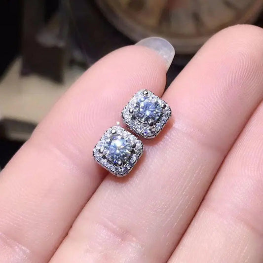 Platinum Plated Silver Halo Moissanite Stud Cute Earrings 0.22ctw