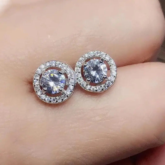 White Gold Plated Silver Halo Moissanite Stud Stunning Earrings 1ctw
