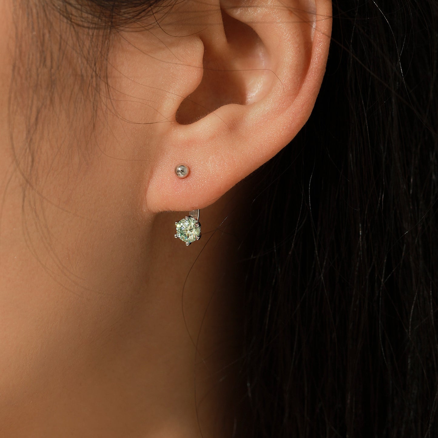 50-point blue-green moissanite s925 silver Chanel style design back-hanging two-wear earrings