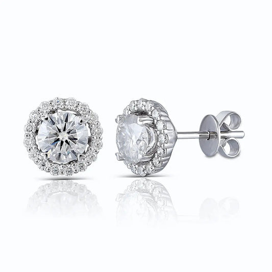10k White Gold Halo Stud Earrings Moissanite 1.48ctw