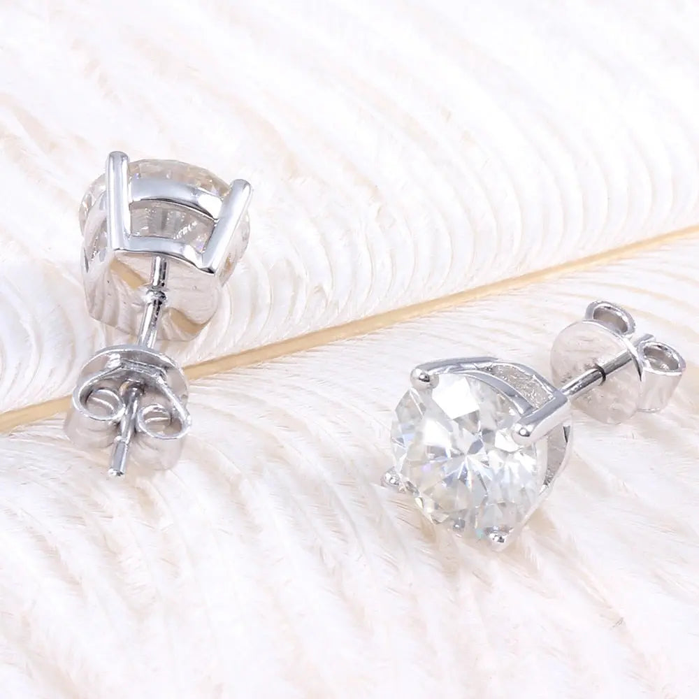 10k White Gold & Platinum Plated Silver Stud Moissanite Earrings 2ctw / 10k White Gold Earring Collection