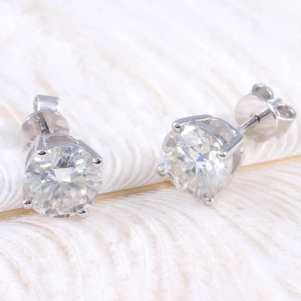 10k White Gold & Platinum Plated Silver Stud Moissanite Earrings 2ctw / 10k White Gold Earring Collection