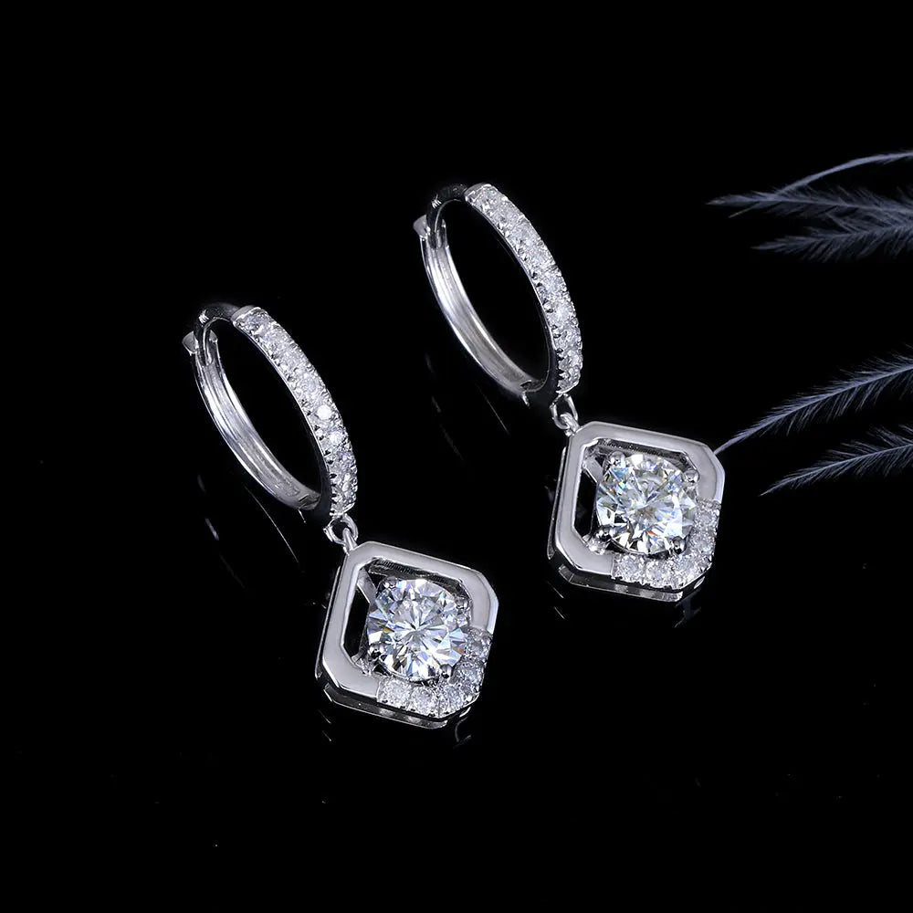 14k Drop Hoop Earrings White Gold Moissanite 1ctw