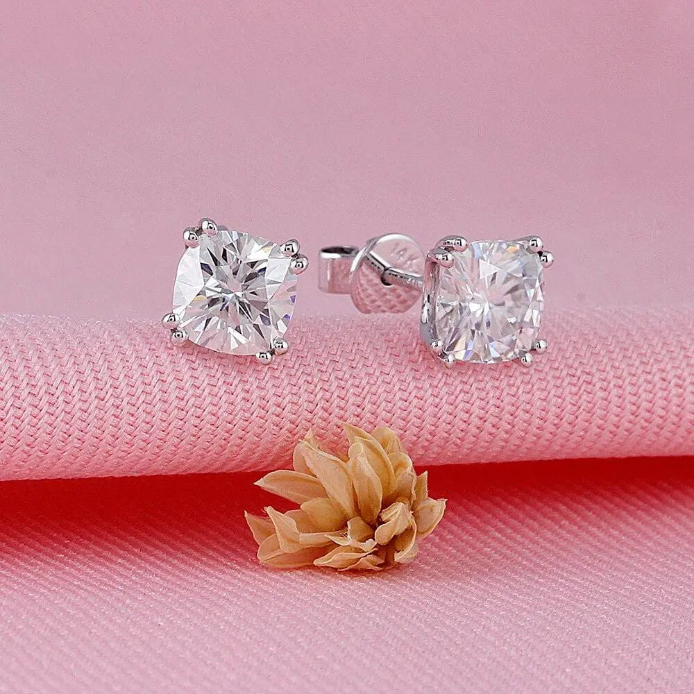 14k White Gold Moissanite Stud Cushion Cut Earrings 2.2ctw