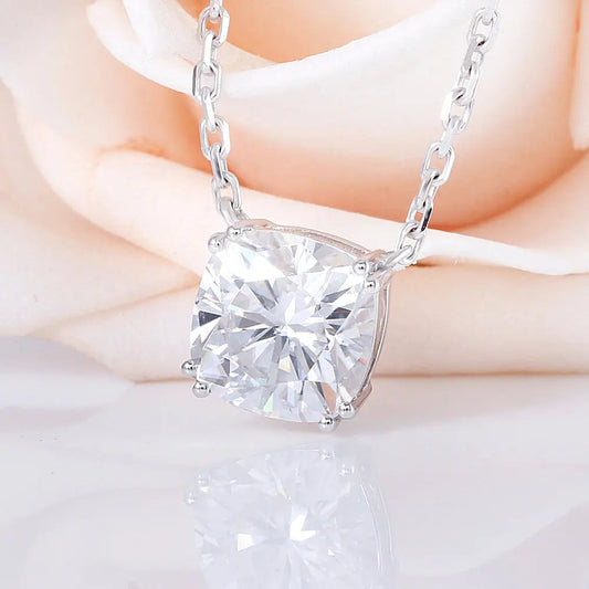 14k White Gold Moissanite Cool Necklace Cushion Cut 1ct & 2ct Options