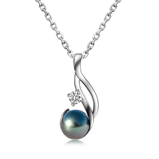 18K WHITE GOLD PLATED SILVER 9-10MM TAHITIAN BLACK PEARL AND 0.3CT MOISSANITE PENDANT NECKLACE