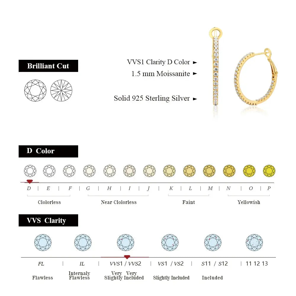 GOLD PLATED SILVER 1.5MM MOISSANITE BEST HOOP EARRINGS 15MM & 25MM DIAMETER