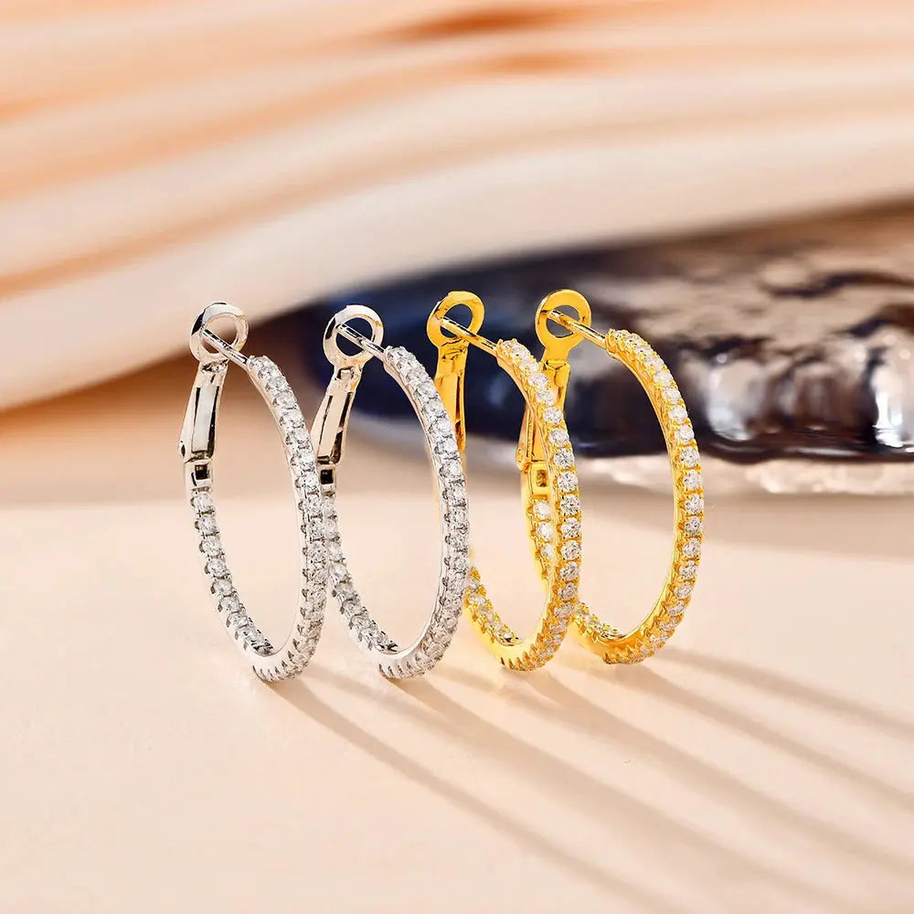 GOLD PLATED SILVER 1.5MM MOISSANITE BEST HOOP EARRINGS 15MM & 25MM DIAMETER