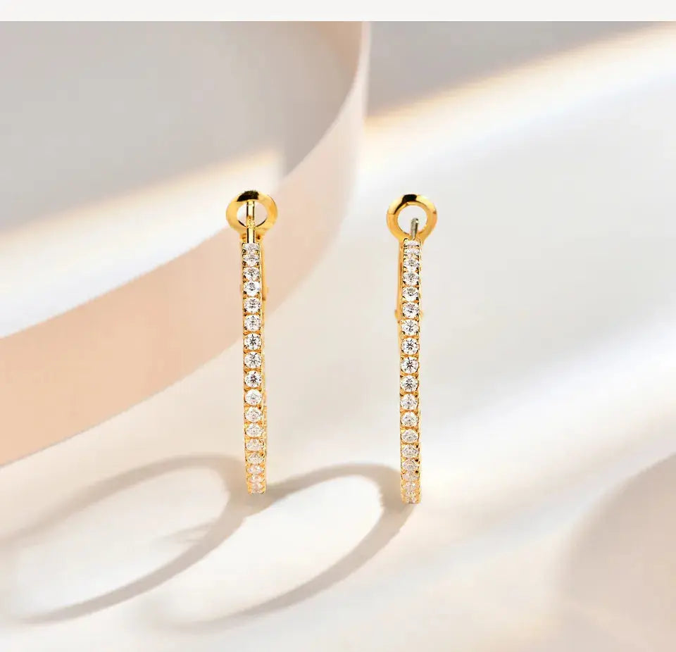 GOLD PLATED SILVER 1.5MM MOISSANITE BEST HOOP EARRINGS 15MM & 25MM DIAMETER