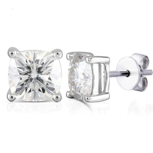 Platinum Plated Silver Cushion Cut Stud Moissanite Earrings 2ctw / Platinum Plated Jewelry