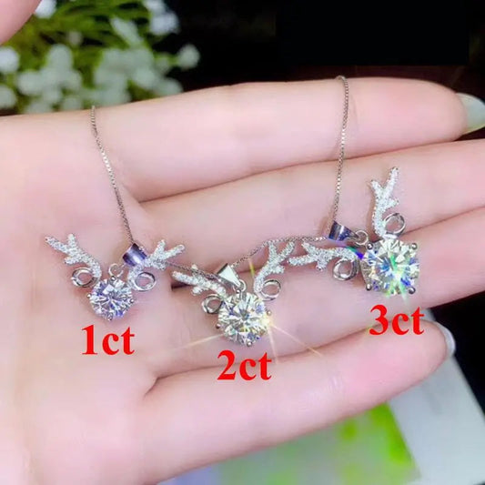 White Gold Plated Silver Deer Necklace Moissanite 1ct - 3ct Options